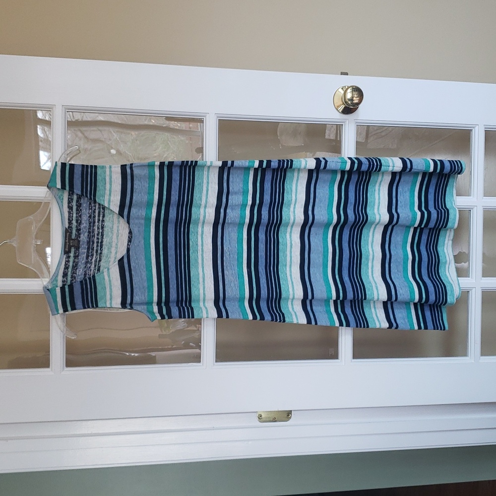 Tommy Bahama Sleeveless Striped Midi Sun Dress in Teal, Navy & White Size:M